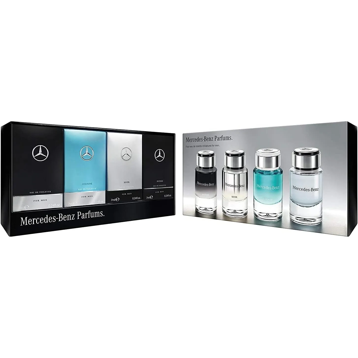 Mercedes-Benz For Men Eau De Toilette 4 X 7 Ml Mini For Intense + For Silver + Cologne + For Men, 4 Piece Set