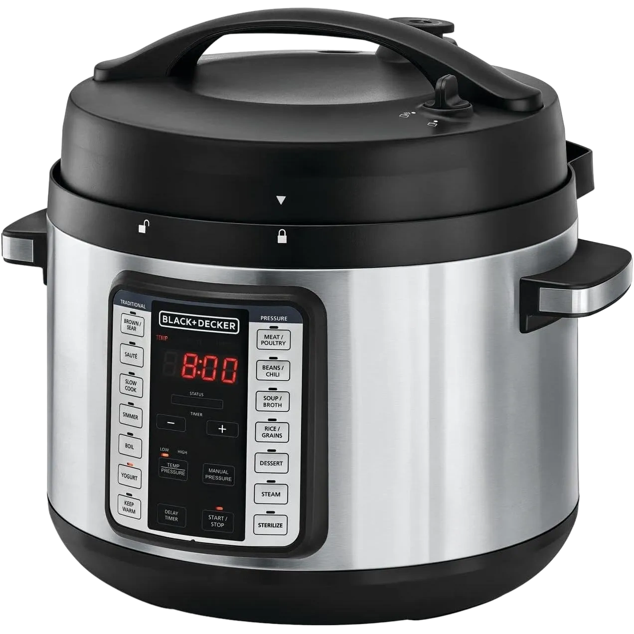 Black+Decker Smart Steam Pot, 1350W, 9 In 1, 10 L, Smart Programmable Electric Pressure Cooker, Black/Silver Pcp1010-B5