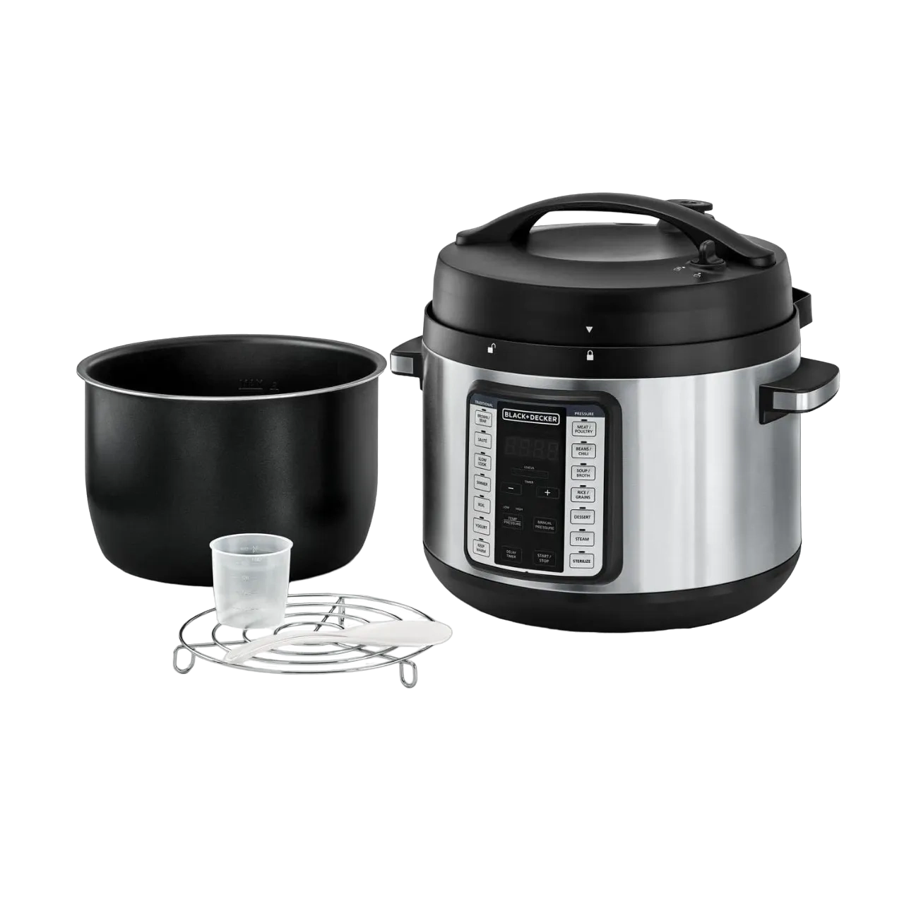 Black+Decker Smart Steam Pot, 1350W, 9 In 1, 10 L, Smart Programmable Electric Pressure Cooker, Black/Silver Pcp1010-B5