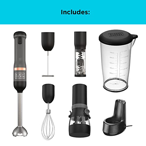 Black+Decker Kitchen Wand Includes 7.2V Power Unit Blender 700ml Measuring Cup Charging Base With Magnetic Cable Whisk Milk Frother Spice Grinder Wine Opener And Can Opener