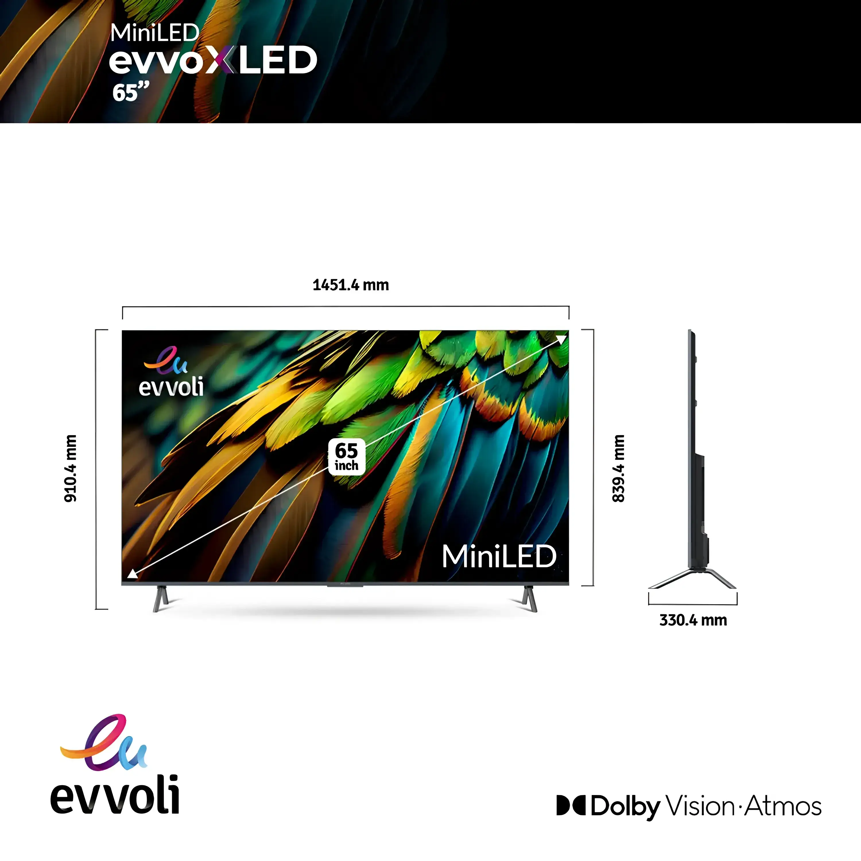 Evvoli 65-Inch 4K Mini Led Android Smart Tv, Dolby Vision-Atoms, Hdr 10+, 120Hz With Remote Laser Pointer 65Ev600Ma