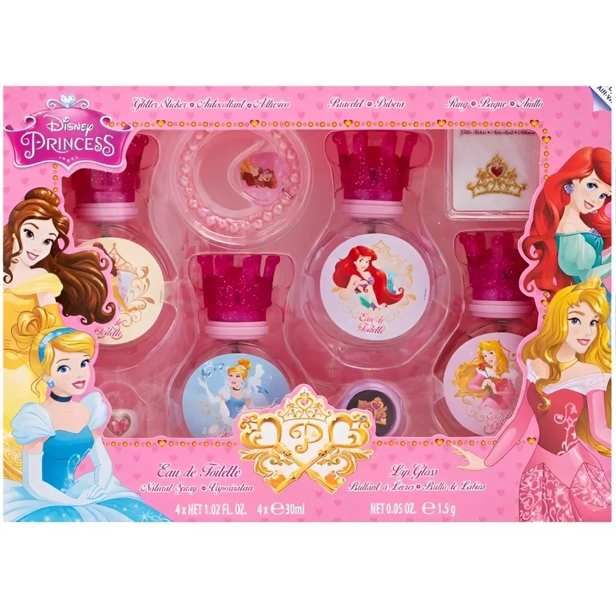 Disney 8 Piece Princess Set, 4 Perfumes, 30 Ml + Lip Gloss, 5 Ml + Ring + Bracelet And Sticker Set