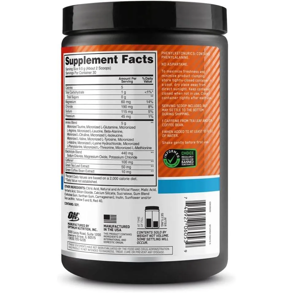 Optimum Nutrition Amino Energy Plus Electrolytes Powder Pre Workout Tangerine Wave 285 G 30 Servings