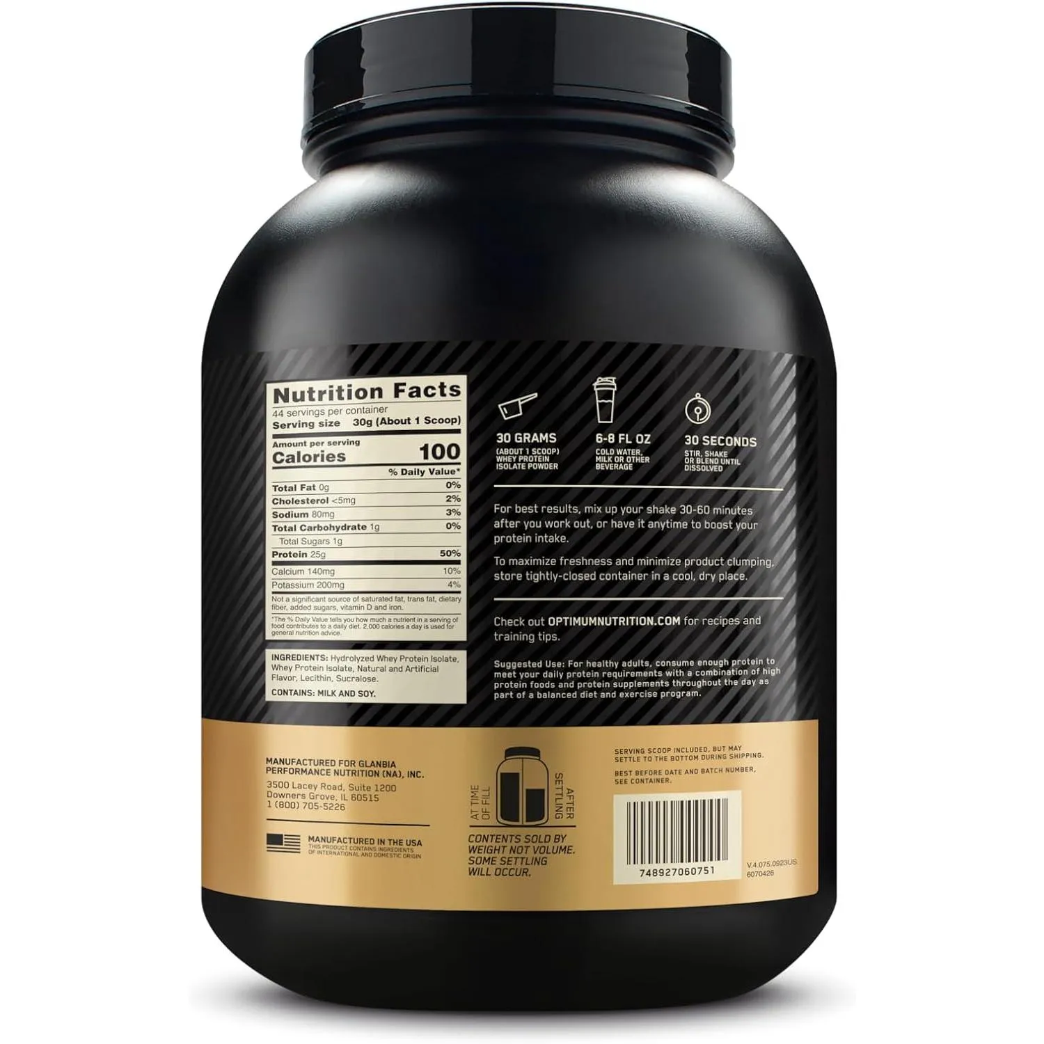 Optimum Nutrition Gold Standard 100 Isolate Rich Vanilla 2.91 LB 44 Servings