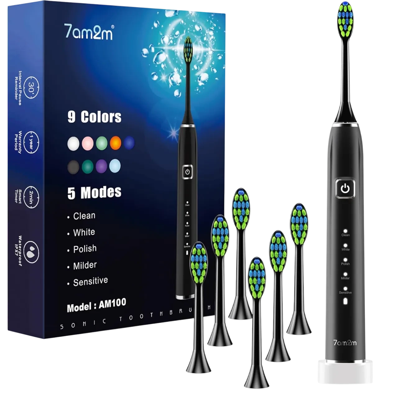 7am2m Electric Toothbrush With 6 Brush Heads For Adults And Kids, One Charge For 120 Days, Wireless Fast Charge, 5 Modes With 2 Minutes