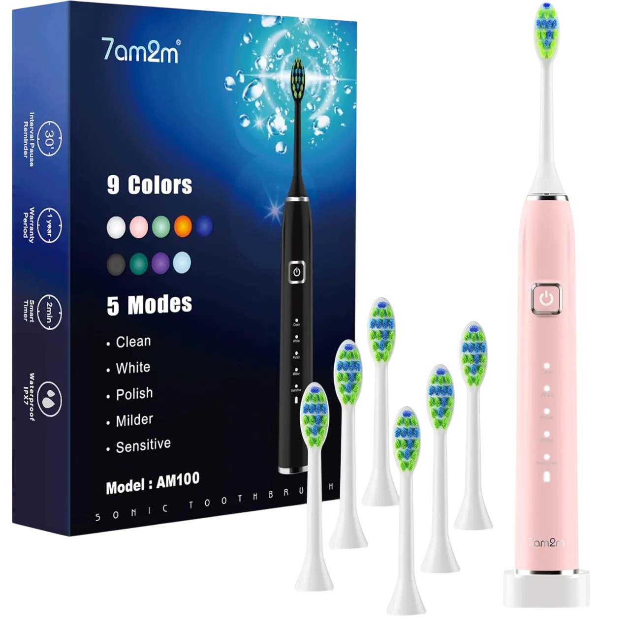 7am2m Electric Toothbrush With 6 Brush Heads For Adults And Kids, One Charge For 120 Days, Wireless Fast Charge, 5 Modes With 2 Minutes Built In Smart Timer Pink