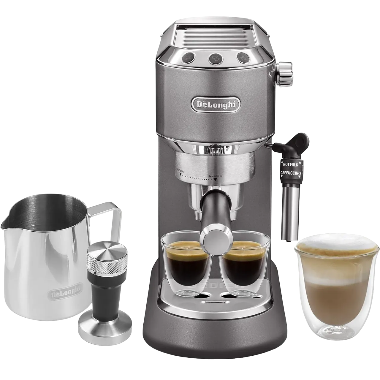 De'Longhi Dedica Metallics Coffee Machine Barista Pump Manual Espresso Maker With Milk Frother And Kit Ec785.Gy Grey