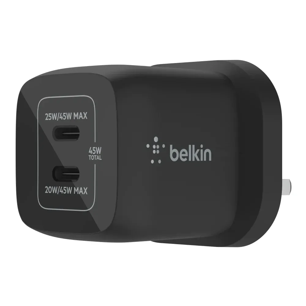 Belkin Boostcharge 65w Dual Usb C Pd Wall Charger With Pps Fast Charger With Gan Technology, Dual Usb C Ports Uk 3 Pin Plug Black