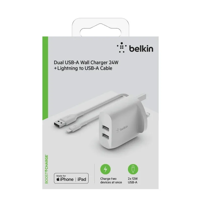 Belkin Boostcharge Dual Usb A Wall Charger 24w With Lightning Cable 1m White