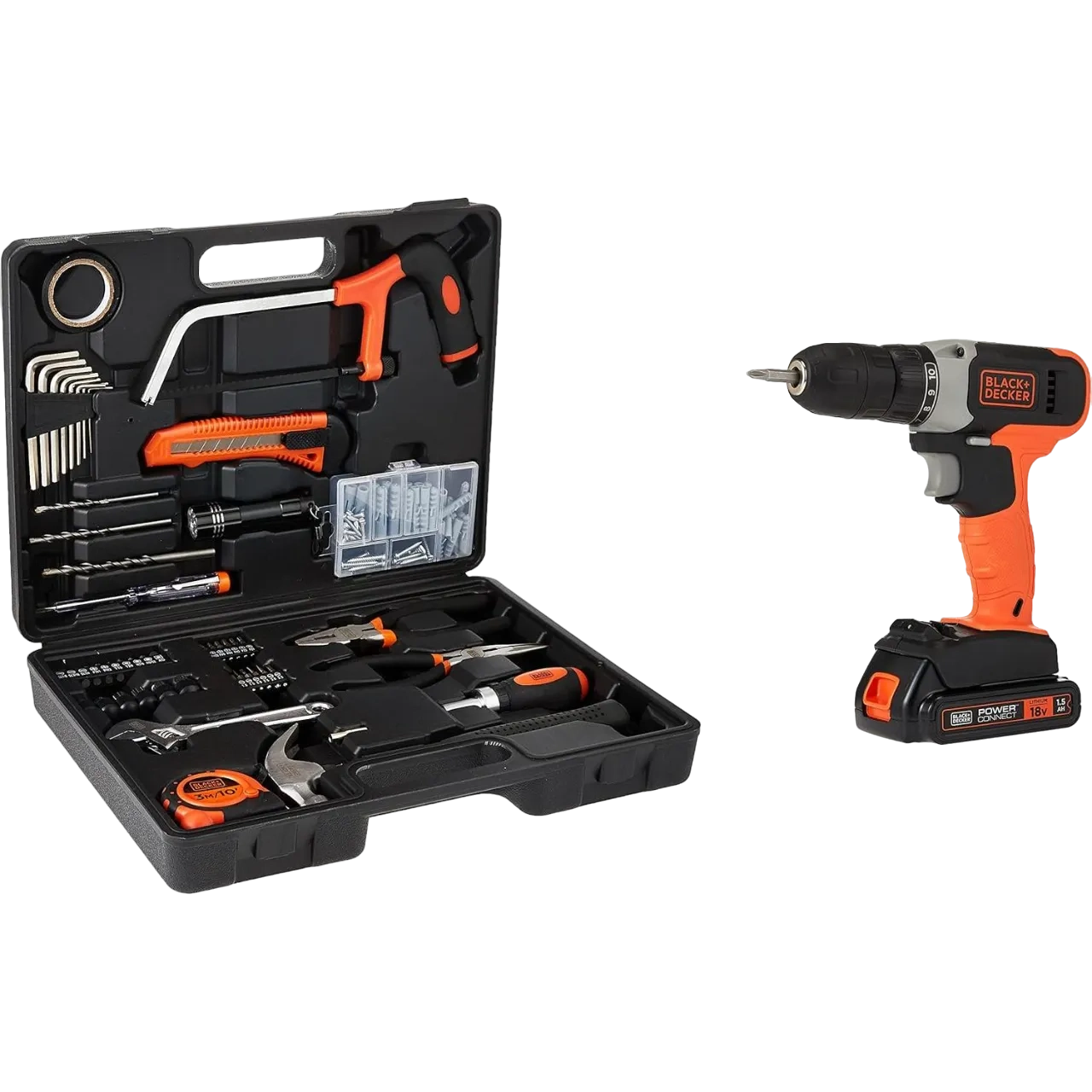 Black+Decker Cordless Drill Driver With Battery & Kitbox, 18V, 1.5Ah Li-Ion + 108 Pieces Hand Tools Kit Bcd001C1Mea2-Gb