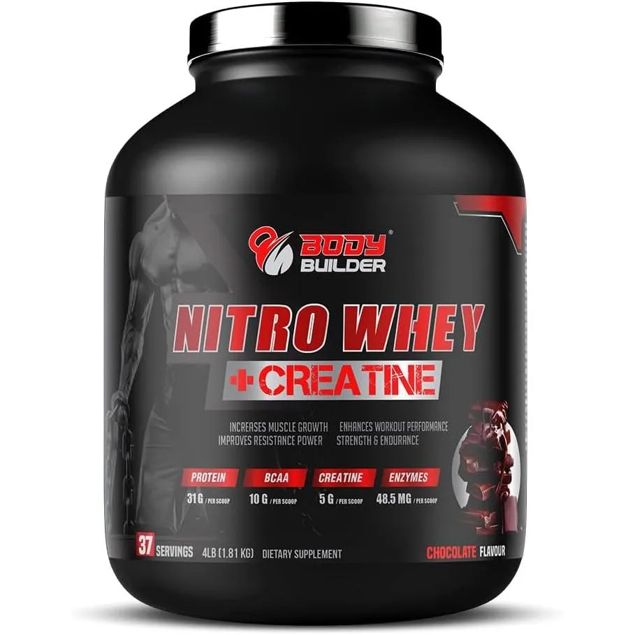 Body Builder Nitro Whey Protein Plus Creatine Contains Digestive Enzymes Chocolate Flavor 4 Lb 27 Servings