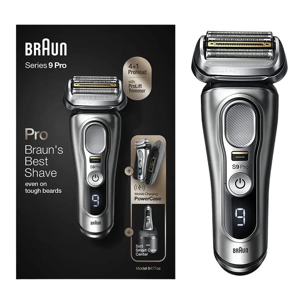 Braun Series 9 Shaver 4+1 Pro Head - Electric With Mobile Charging Powercase, Silver 9477Cc