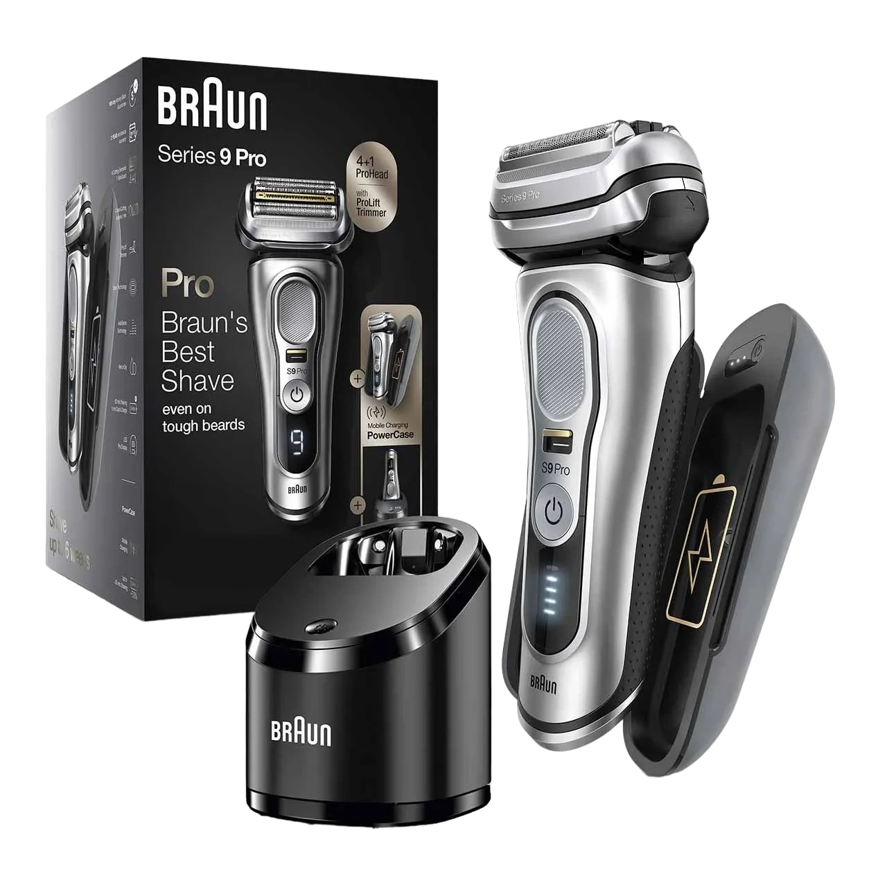 Braun Series 9 Shaver 4+1 Pro Head - Electric With Mobile Charging Powercase, Silver 9477Cc