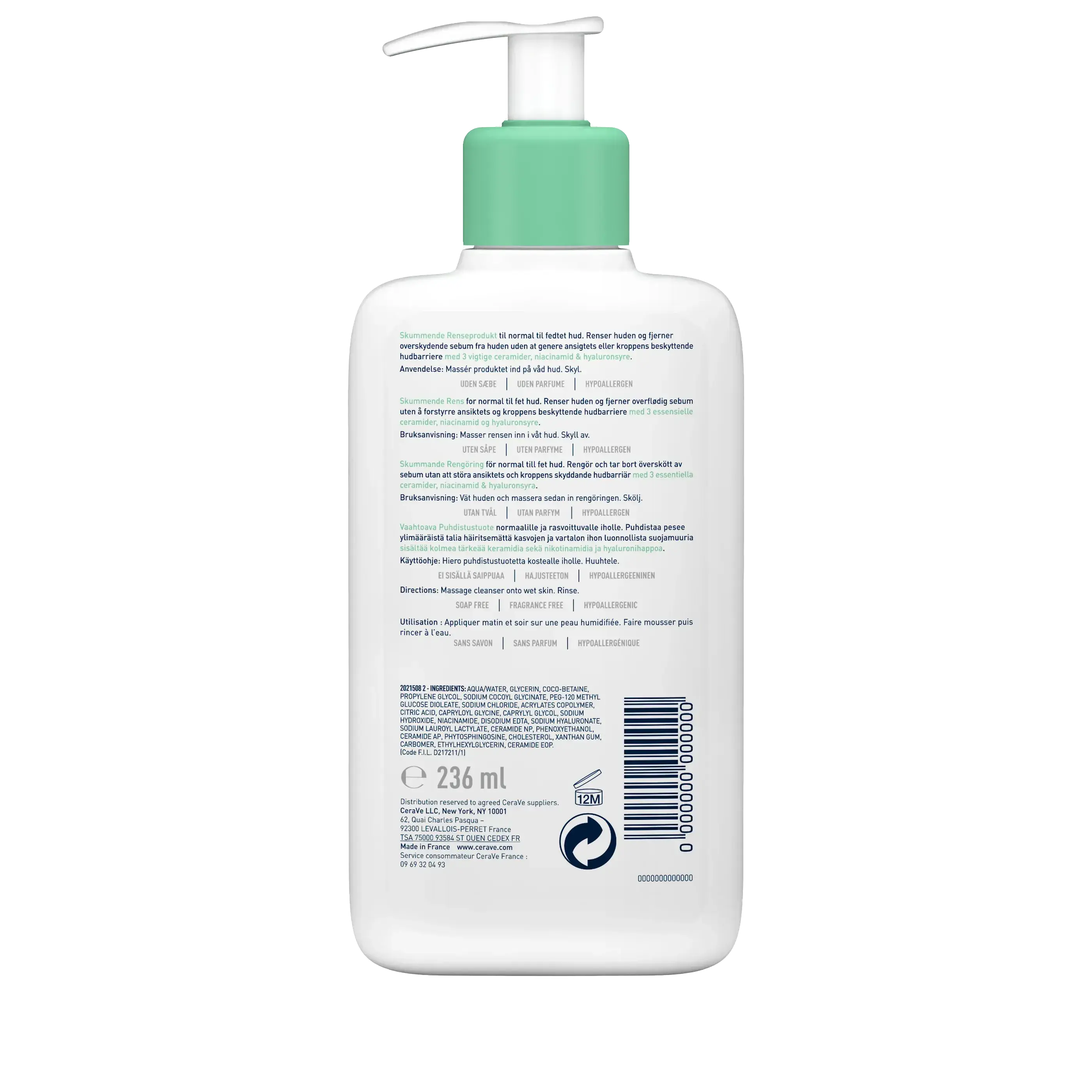 Cerave Foaming Facial Cleanser For Normal To Oily Skin With Hyaluronic Acid 236 Ml
