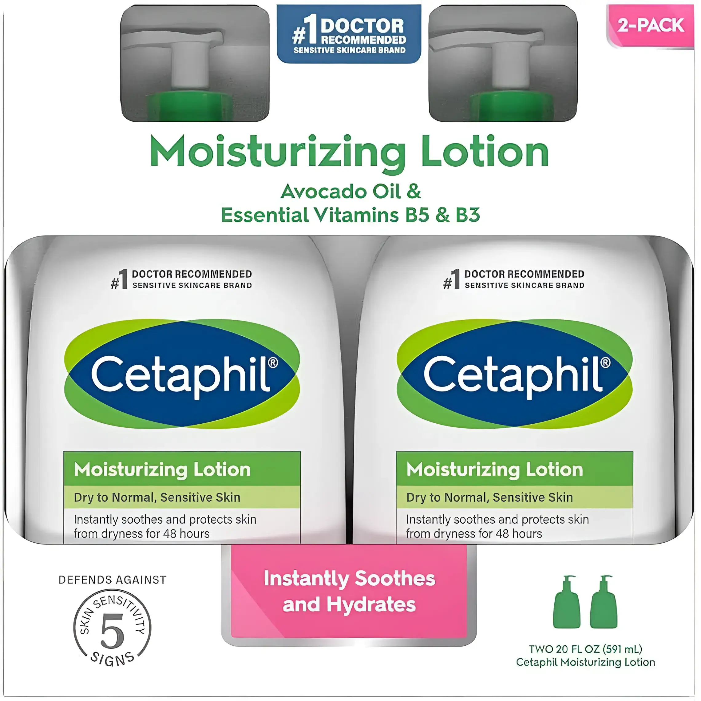Cetaphil Moisturizing Lotion With Avocado Oil And Essential Vitamins B5 & B3, 2 X 591Ml