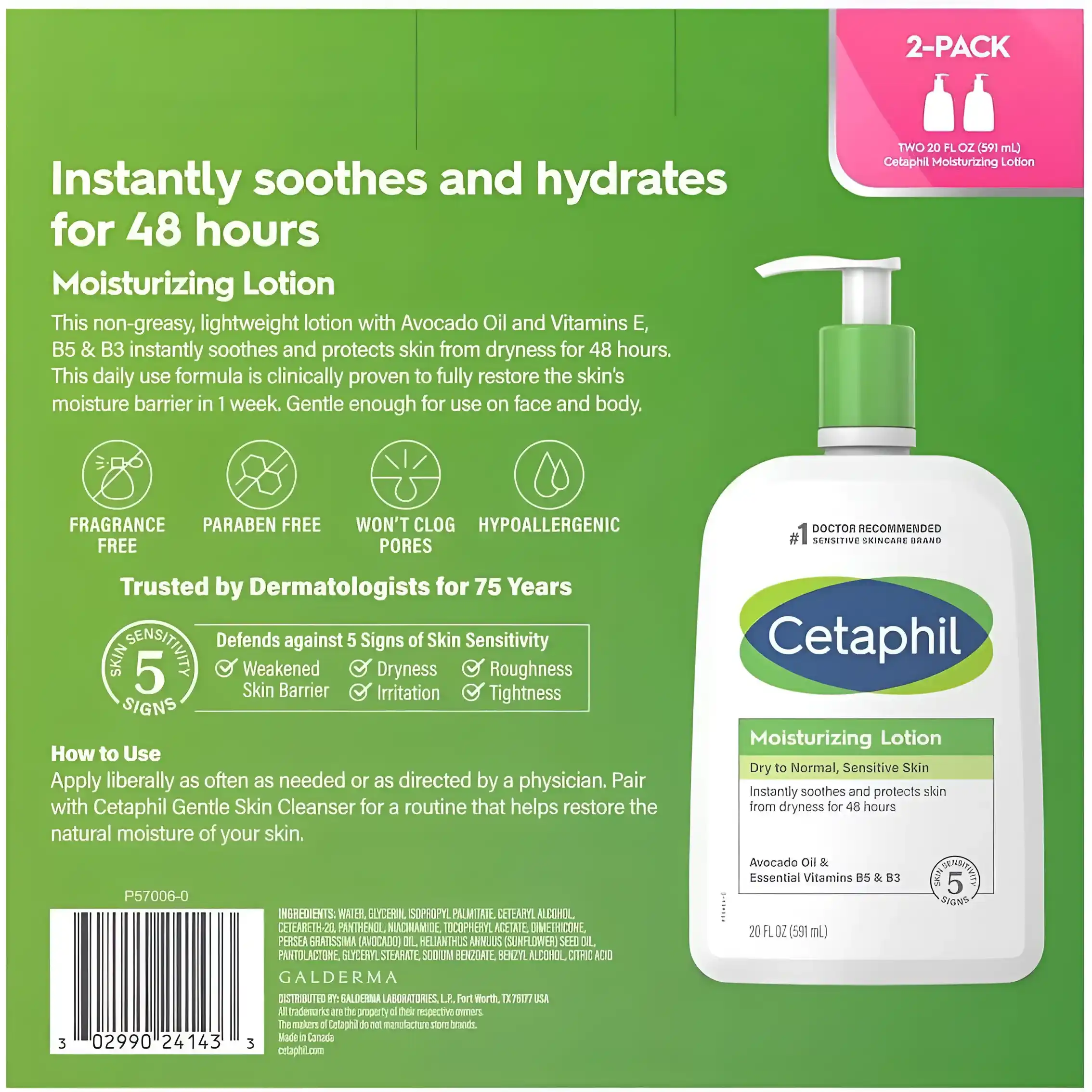 Cetaphil Moisturizing Lotion With Avocado Oil And Essential Vitamins B5 & B3, 2 X 591Ml