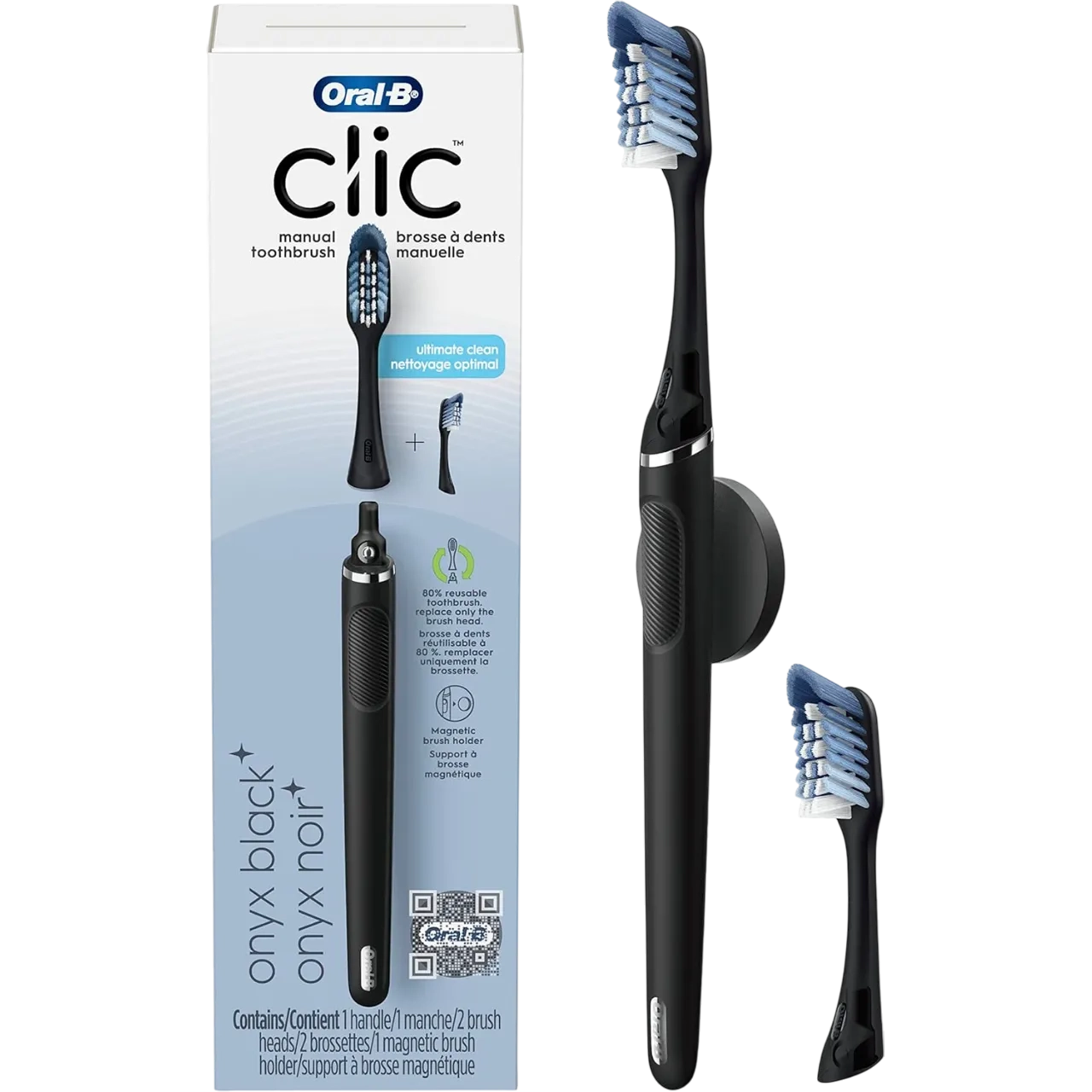 Clic Toothbrush With 2 Replaceable Brush Heads And Magnetic Toothbrush Holder Black