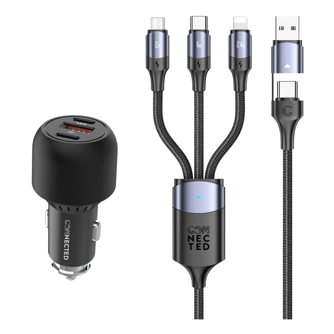 Connected Rocket-130 3-port Car Charger 130w + Cuatro-dous 6-in-1 Cable Bundle Ccc130-ccd31
