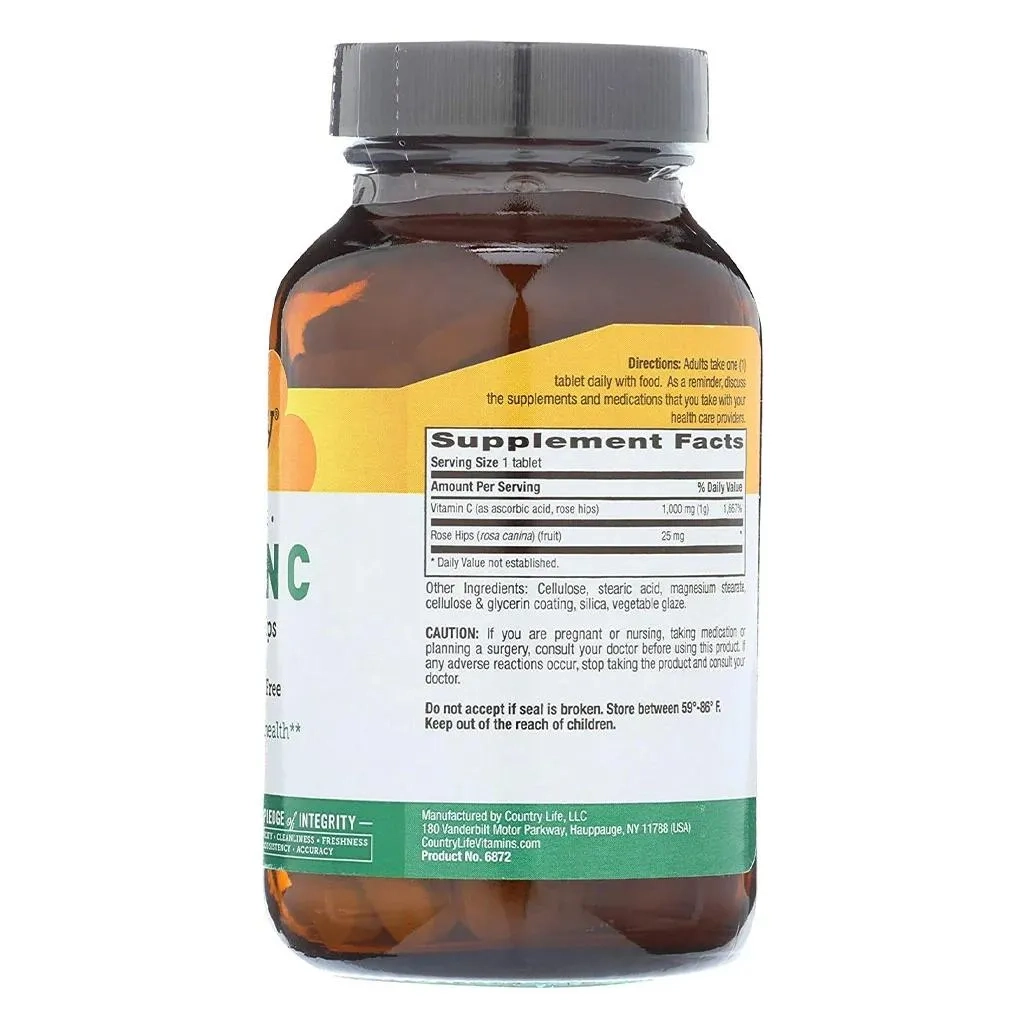 Country Life Antioxidant Vitamin C 1000 Mg With Rose Hips Tablets For Immune Support, Pack Of 90's