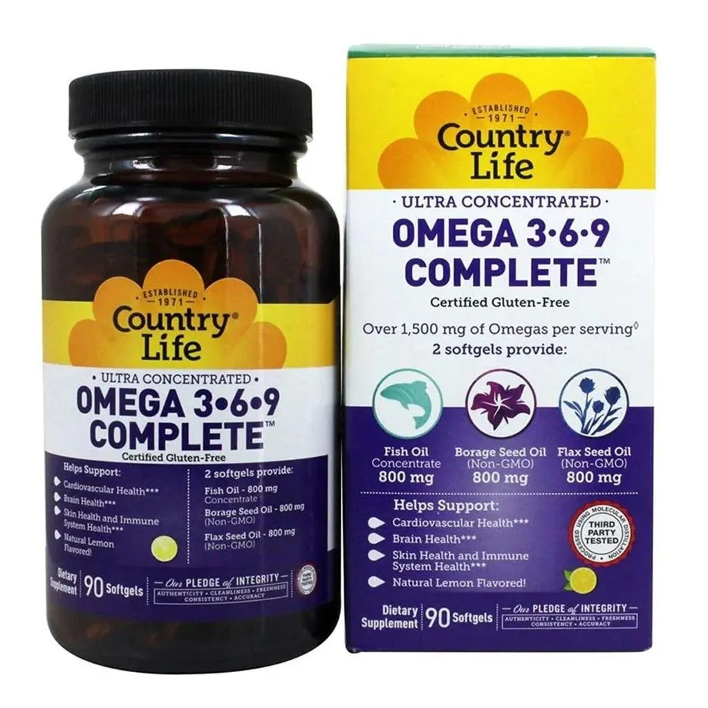 Country Life Complete Omega 3-6-9 Flaxseed Oil, Borage Seed Oil, Fish Oil Supplement Softgels, Pack Of 90's