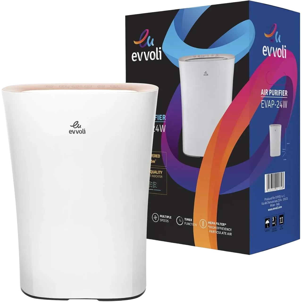 Evvoli Air Purifier 5-Layer Filters With True Hepa Control Light Sensor Night Mode Air Quality Indicator Evap-24W