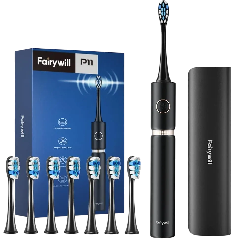 Fairywill P11 Sonic Electric Toothbrush With 8 Brush Heads And Travel Case, Black