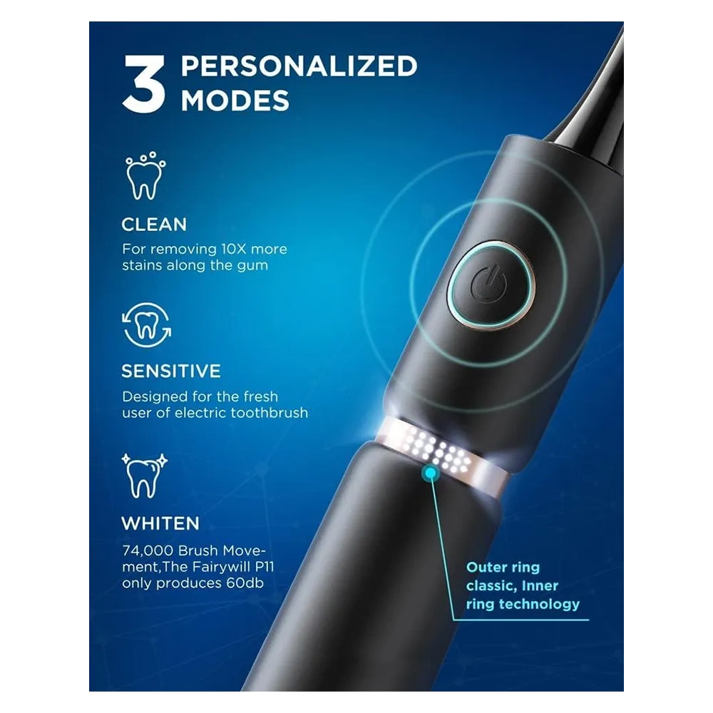 Fairywill P11 Sonic Electric Toothbrush With 8 Brush Heads And Travel Case, Black