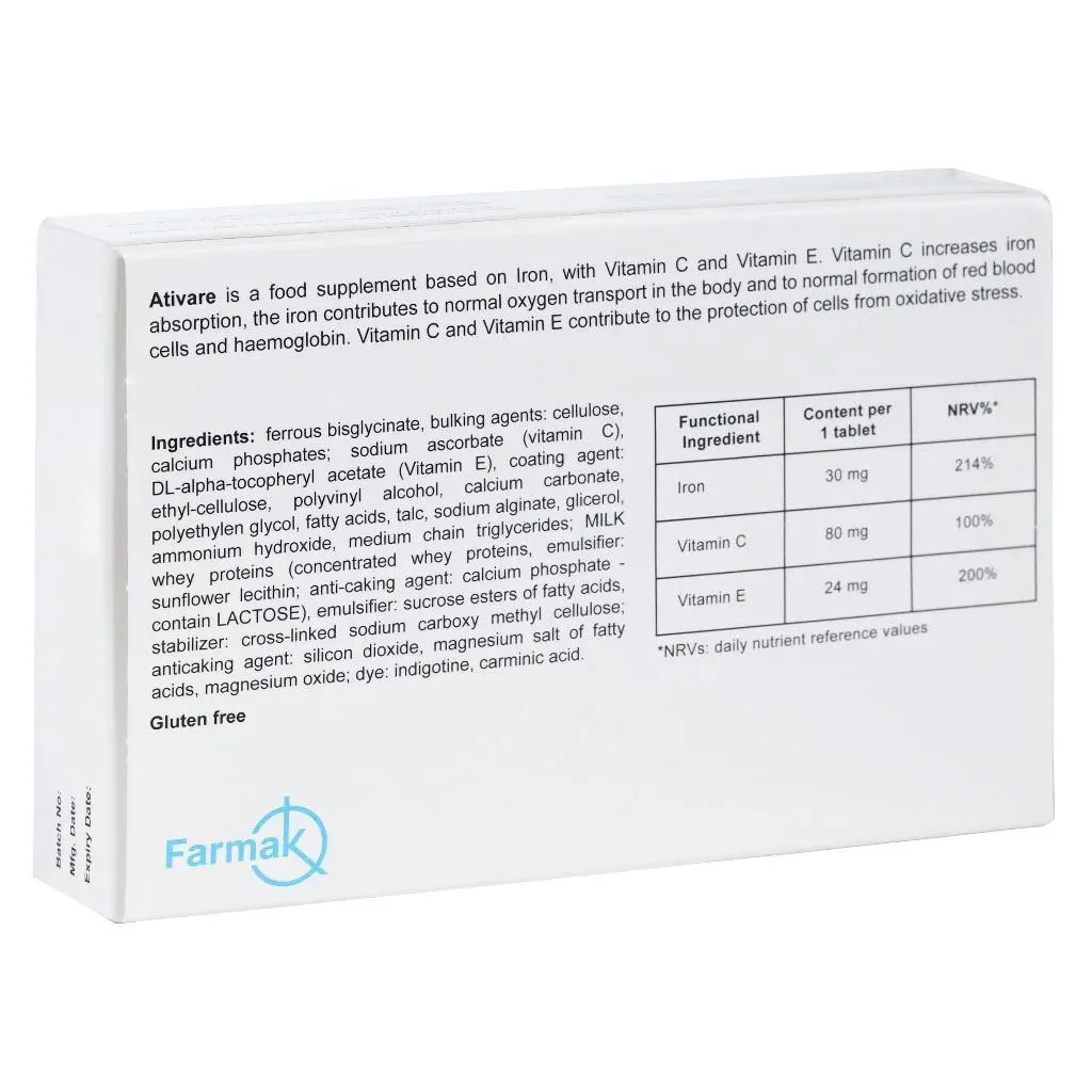 Farmak Ativare Ferrous Bisglycinate & Vitamin C, Iron Supplement Tablets, Pack Of 30’s