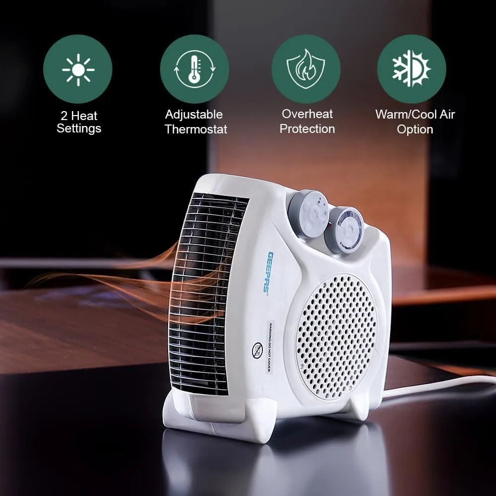 Geepas Fan Heater, 2 Heating Power, Gfh9520, Adjustable Thermostat, Overheat Protection, Power Light Indicator, Carry Handle, Wind Sele