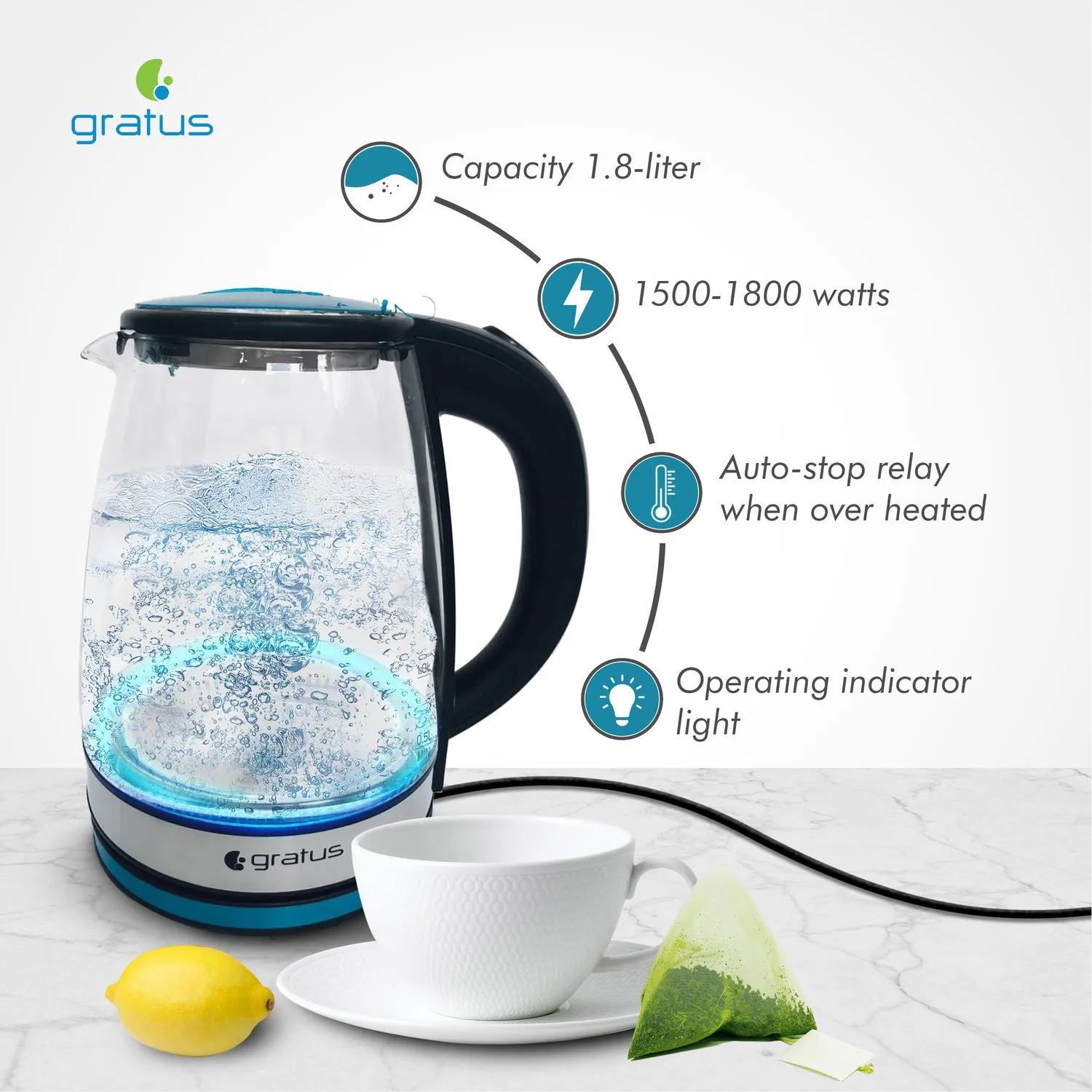 Gratus High Quality Glass Kettle 1.8 L 360 Roatary Base 1500-1800w GKSG1820AC