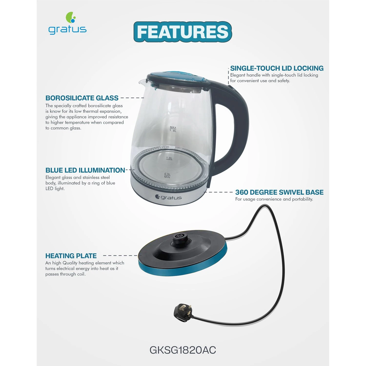 Gratus High Quality Glass Kettle 1.8 L 360 Roatary Base 1500-1800w GKSG1820AC