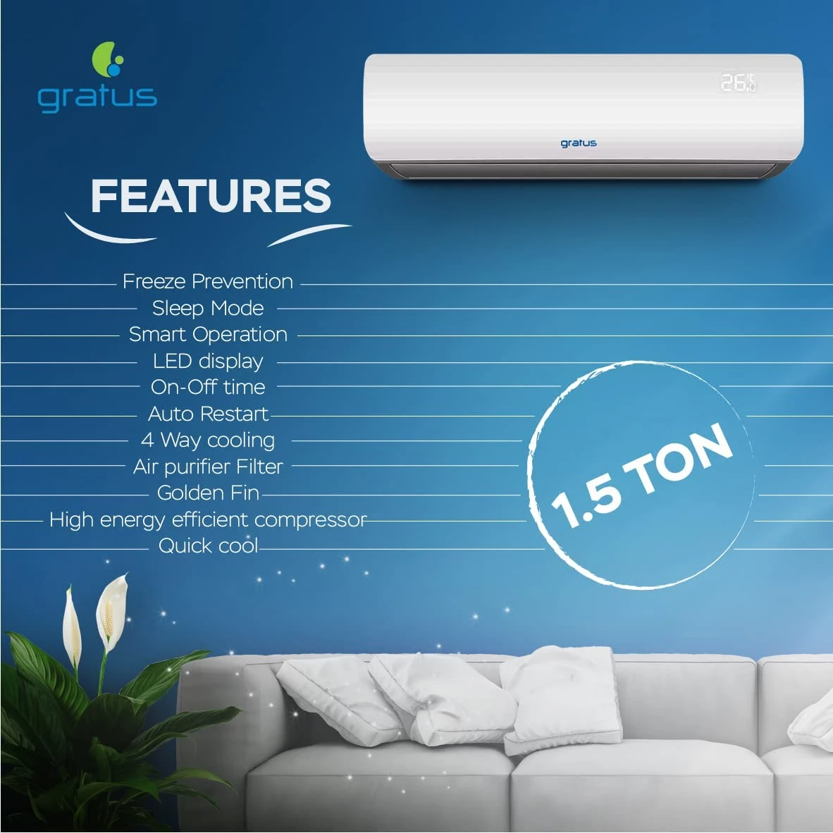 Gratus 1.5 Ton Split Air Conditioner ROTARY TYPE R410a GAS  GSAC18TRS