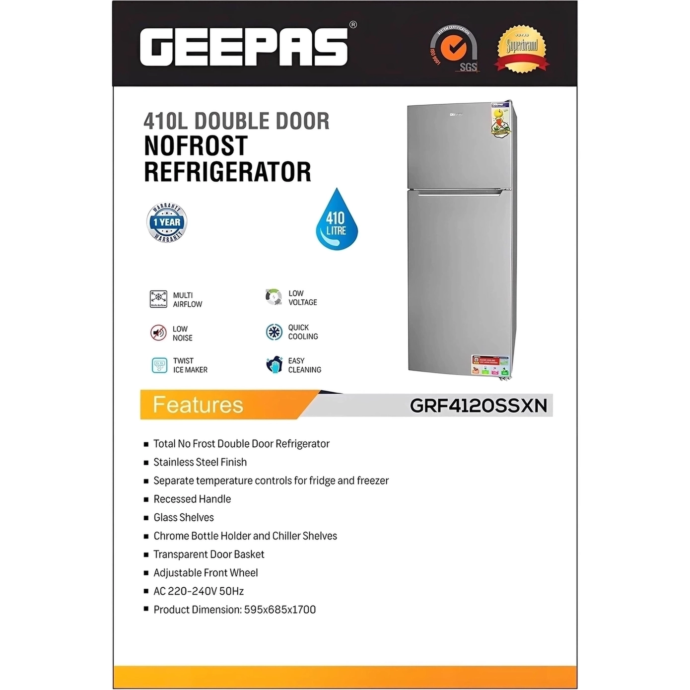 Geepas Double Door Refrigerator, GRF4120, 410L