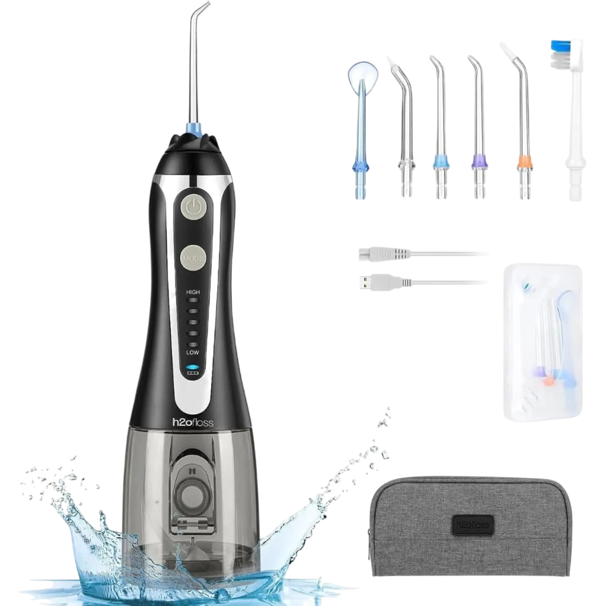 H2ofloss Cordless Water Dental Flosser, Portable Oral Irrigator For Teeth, Braces, Rechargeable & Ipx7 Waterproof Teeth Cleaner For Home Travel Hf2 0.38 Grams Black