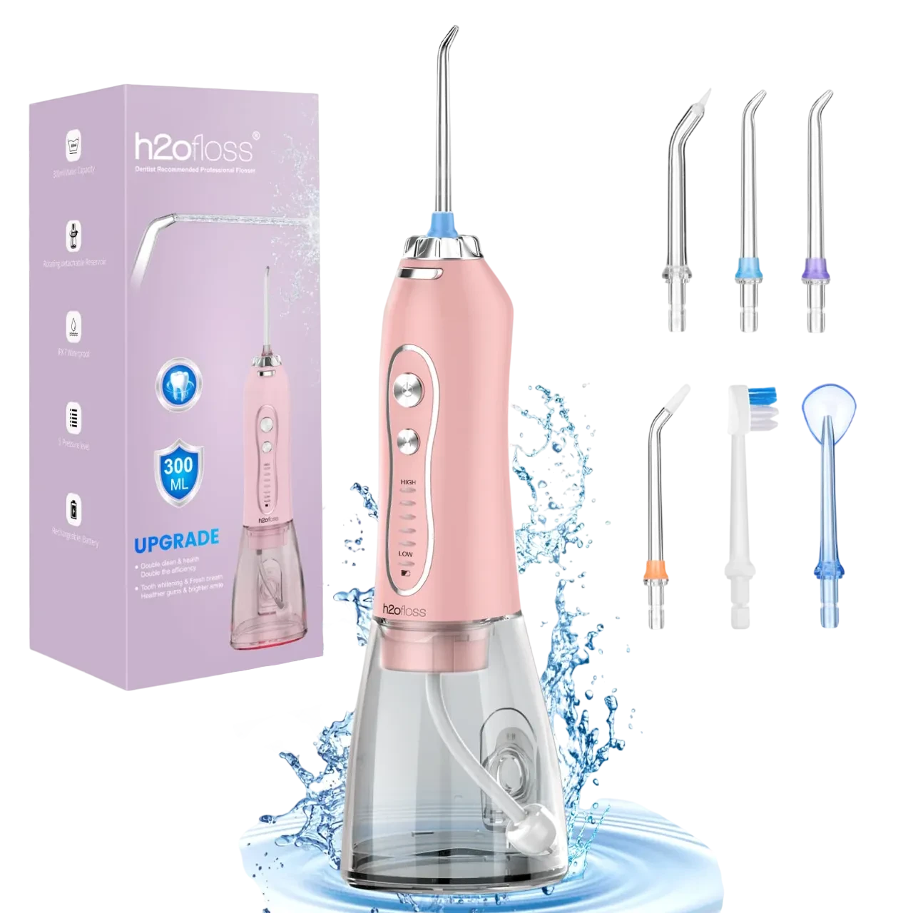H2ofloss Water Dental Flosser Teeth Cleaner Pick, Cordless Portable Oral Irrigator,5 Mode Ipx7 Waterproof Teeth Picks 300ml Pink