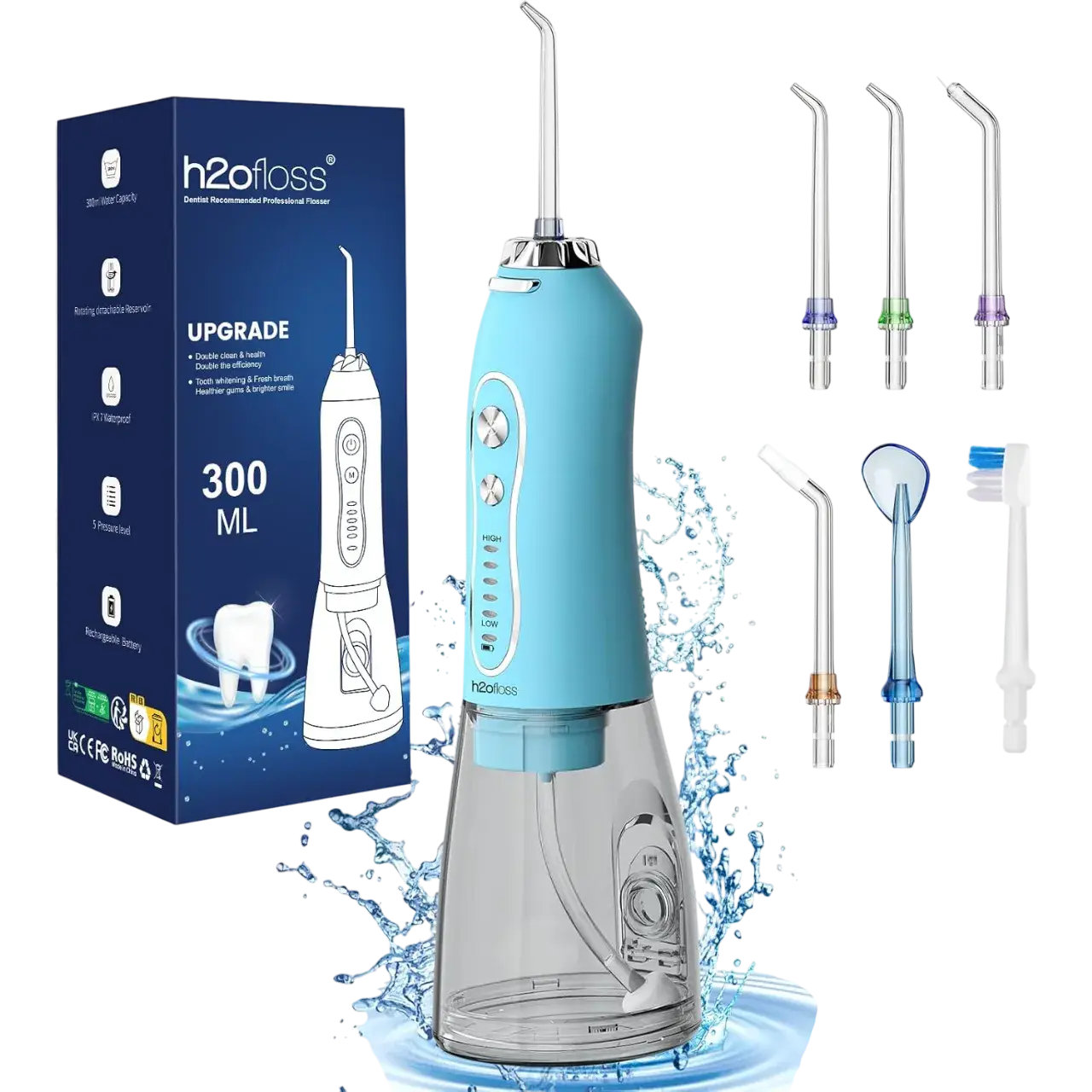 H2ofloss Water Dental Flosser Teeth Cleaner Pick, Cordless Portable Oral Irrigator,5 Mode Ipx7 Waterproof Teeth Picks 300ml Rechargeable Sky Blue