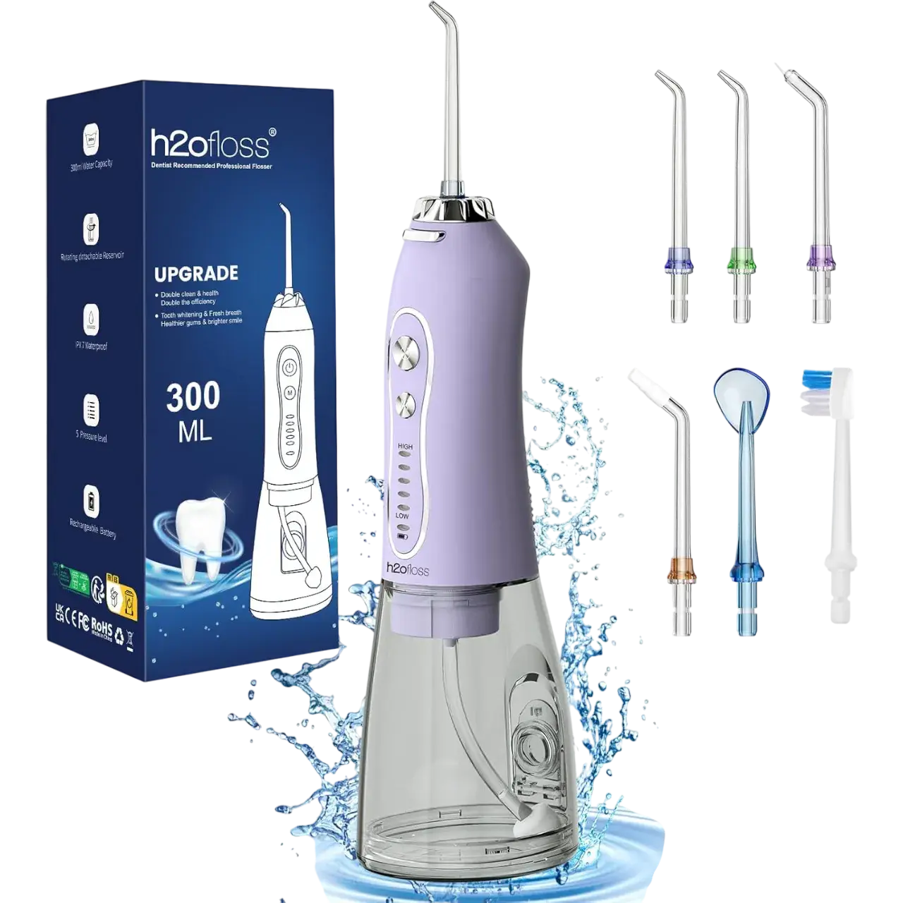 H2ofloss Water Dental Flosser Teeth Pick, Cordless Portable Oral Irrigator 300ml Rechargeable Ipx7 Waterproof Waterflosser For Home Travel Lavender
