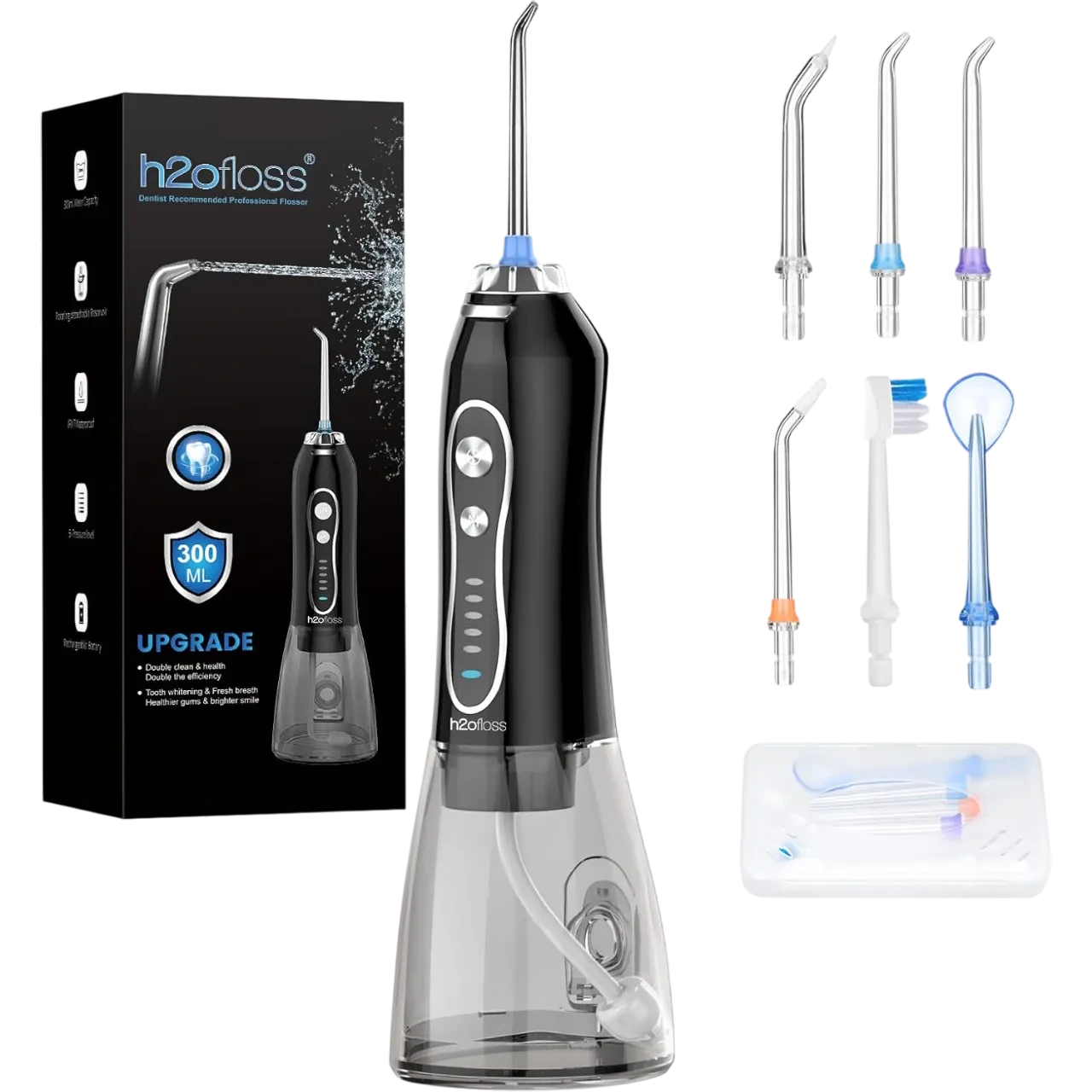 H2ofloss Water Dental Flosser Teeth Pick -portable Oral Irrigator, Rechargeable Ipx7 Waterproof Orthodontic Teeth Cleaner Pick Cordless 300ml Water Tank Black