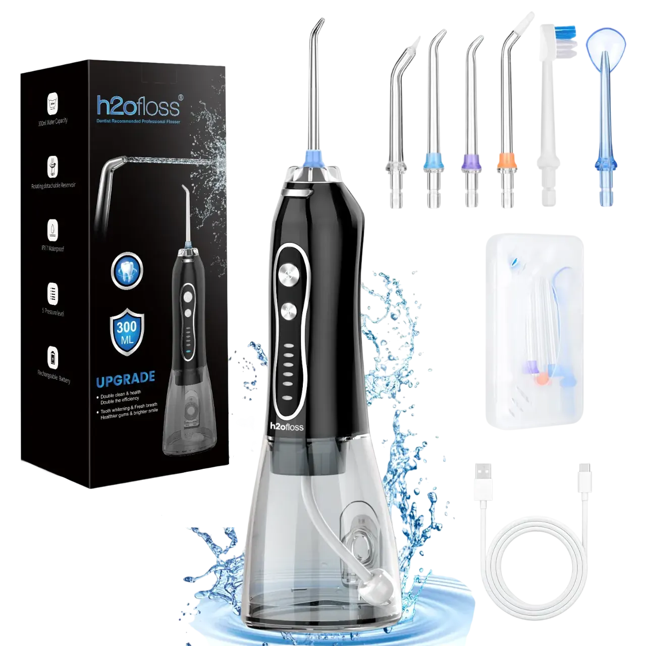 H2ofloss Water Dental Flosser Teeth Pick, Portable Oral Irrigator With 5 Modes, Rechargeable Ipx7 Waterproof Orthodontic Teeth Cleaner Pick Cordless, 300ml Water Tank