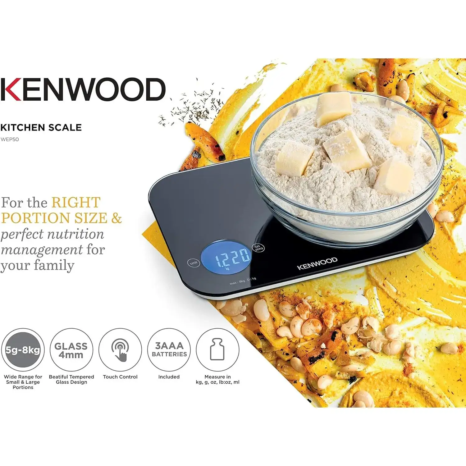Kenwood Digital Kitchen Scale 5G-8Kg Auto Shut-Off Black Wep50.000Bk