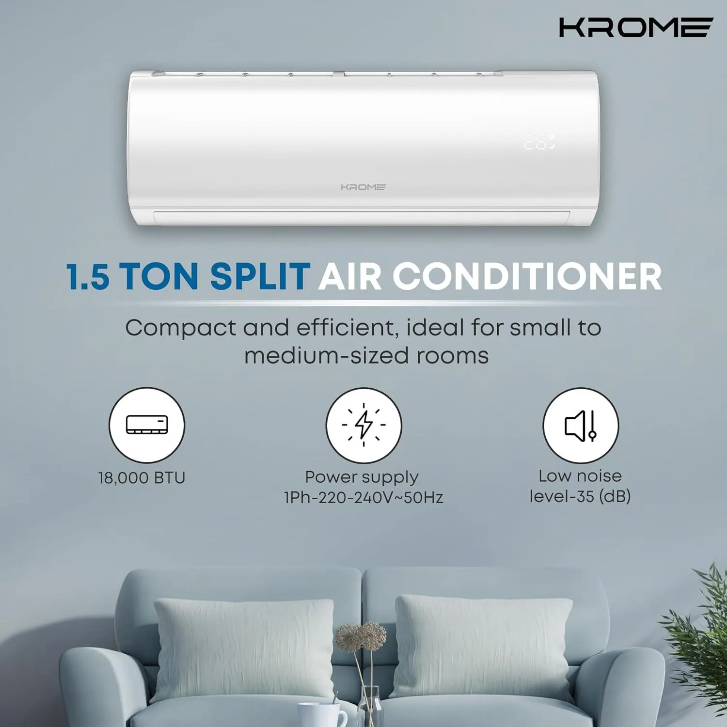 Krome Split Air Conditioner, 18000 Btu T3-Rotary-R410Gas With Pipe Kit, Made In China - Kr-Ar18Tt