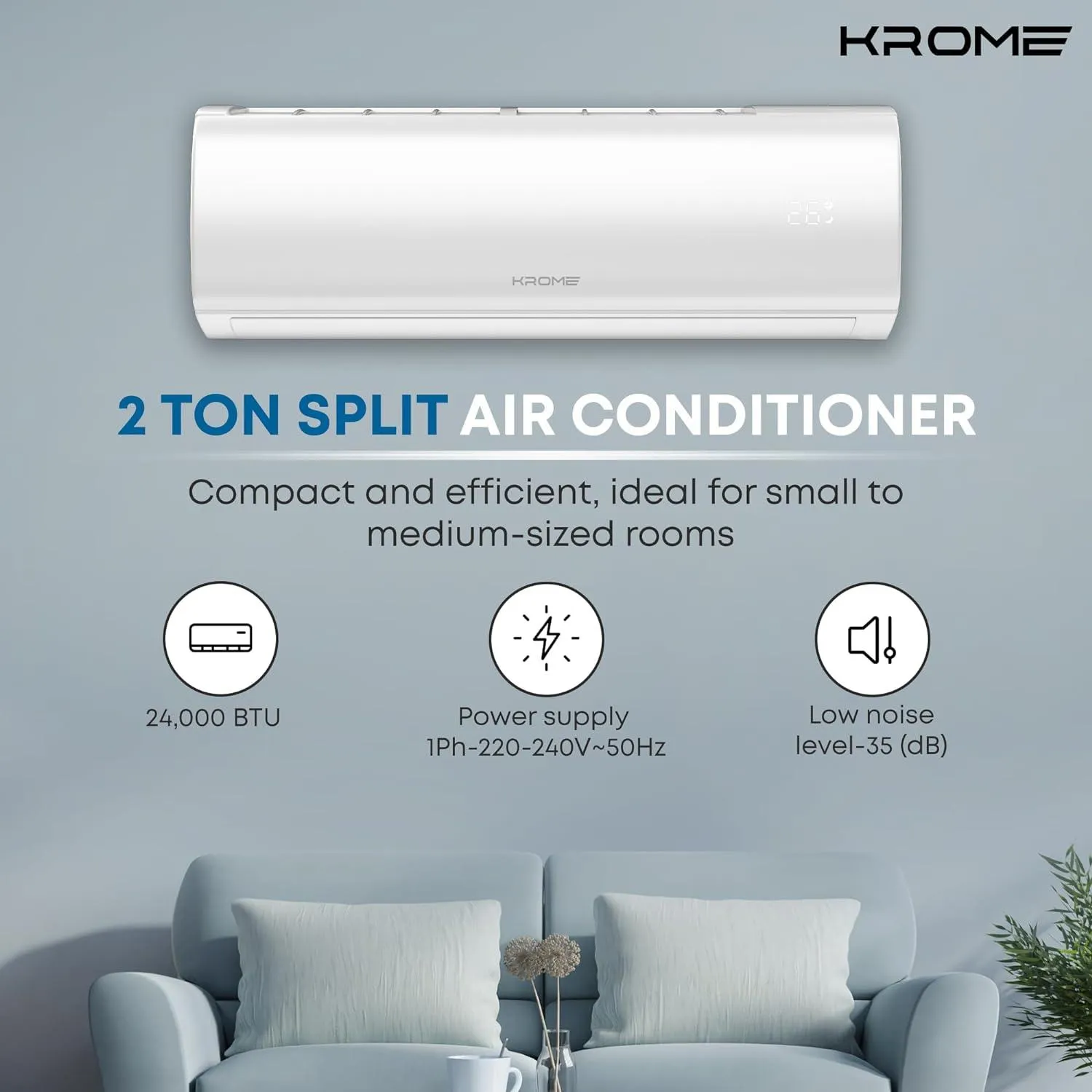 Krome Split Air Conditioner, 24000 Btu T3-Rotary-R410Gas With Pipe Kit, Made In China - Kr-Ar24Tt3