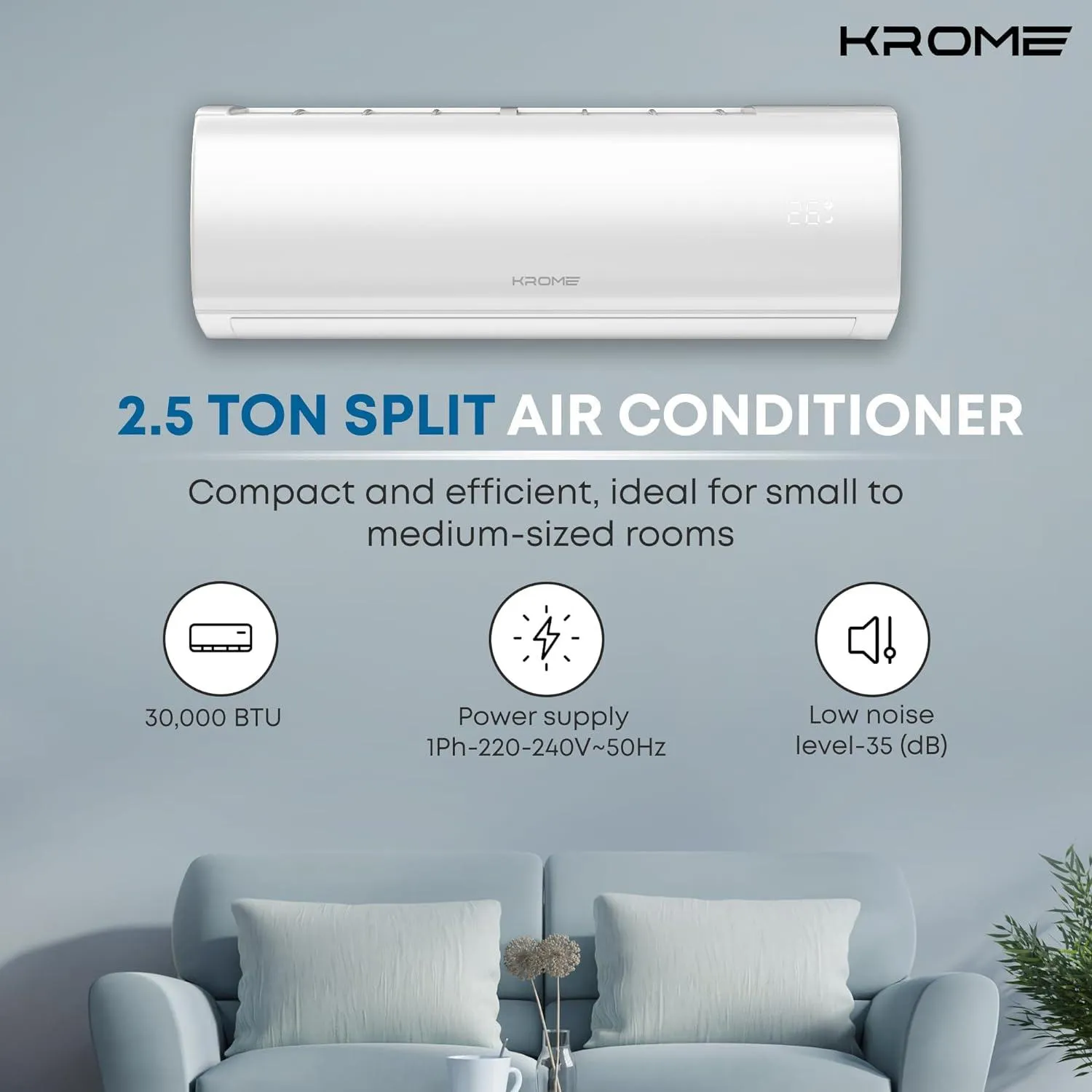 Krome Split Air Conditioner, 30000 Btu T3-Rotary-R410Gas With Pipe Kit, Made In China - Kr-Ar30Tt3