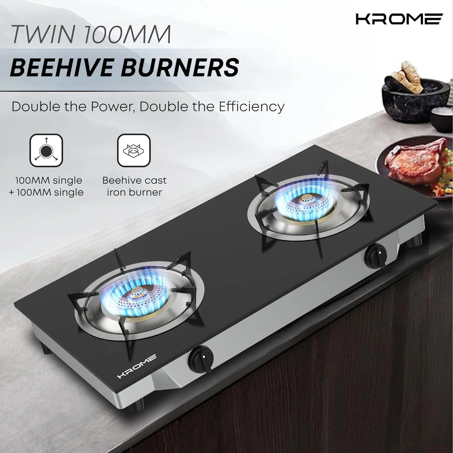 Krome Gas Burner Stainless Steel, 2 Burner - Kr-Ggfc2070