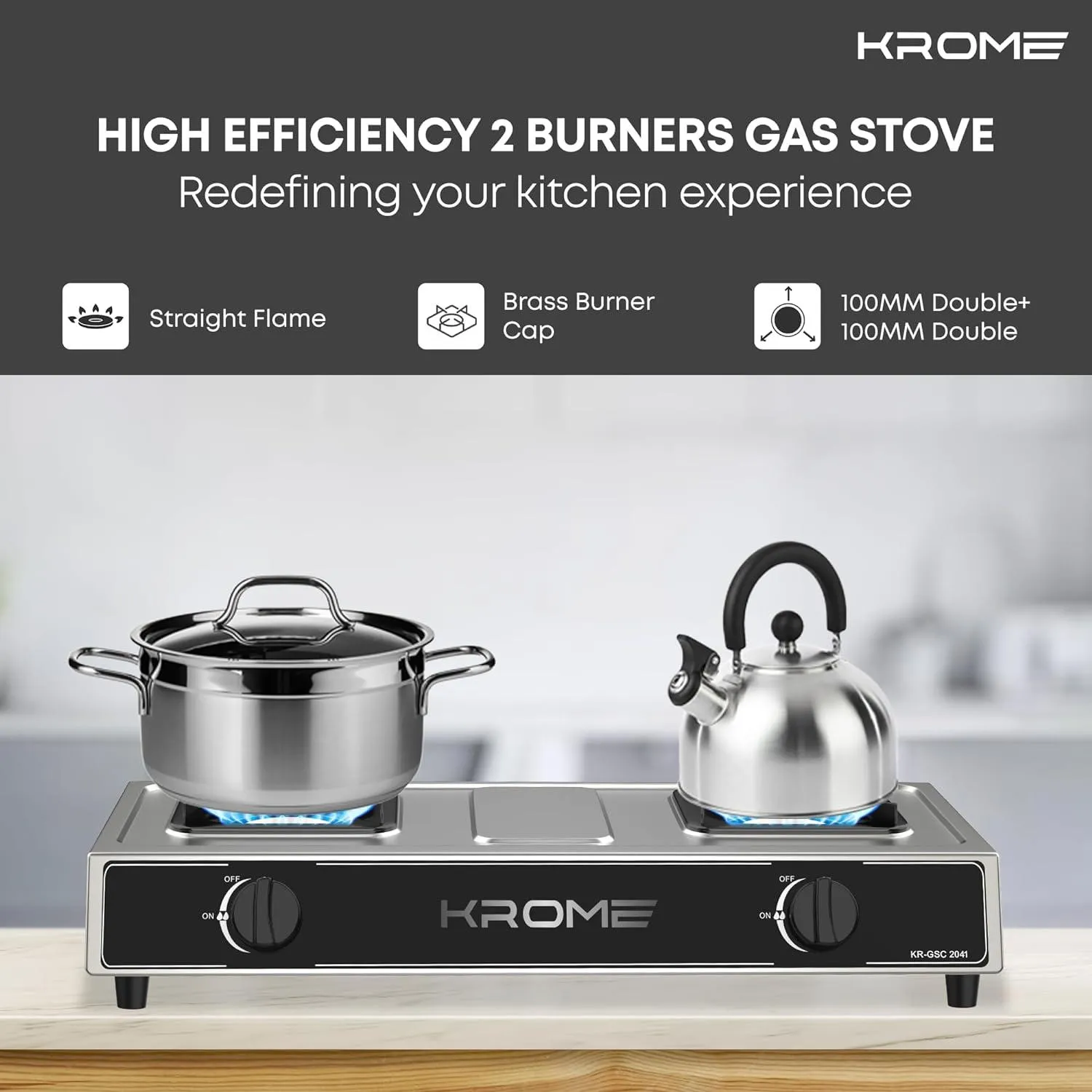 Krome Gas Burner Stainless Steel, 2 Burner - Kr-Gsc2041