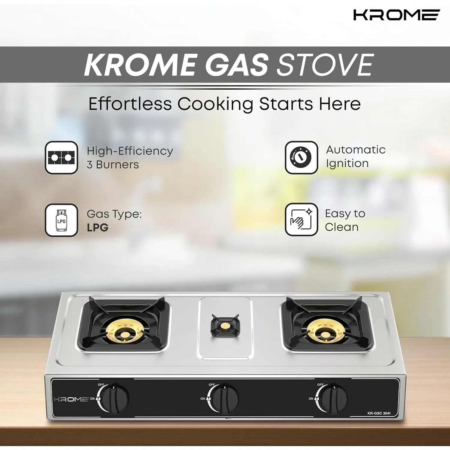 Krome Gas Burner Stainless Steel, 3 Burner - Kr-Gsc3041