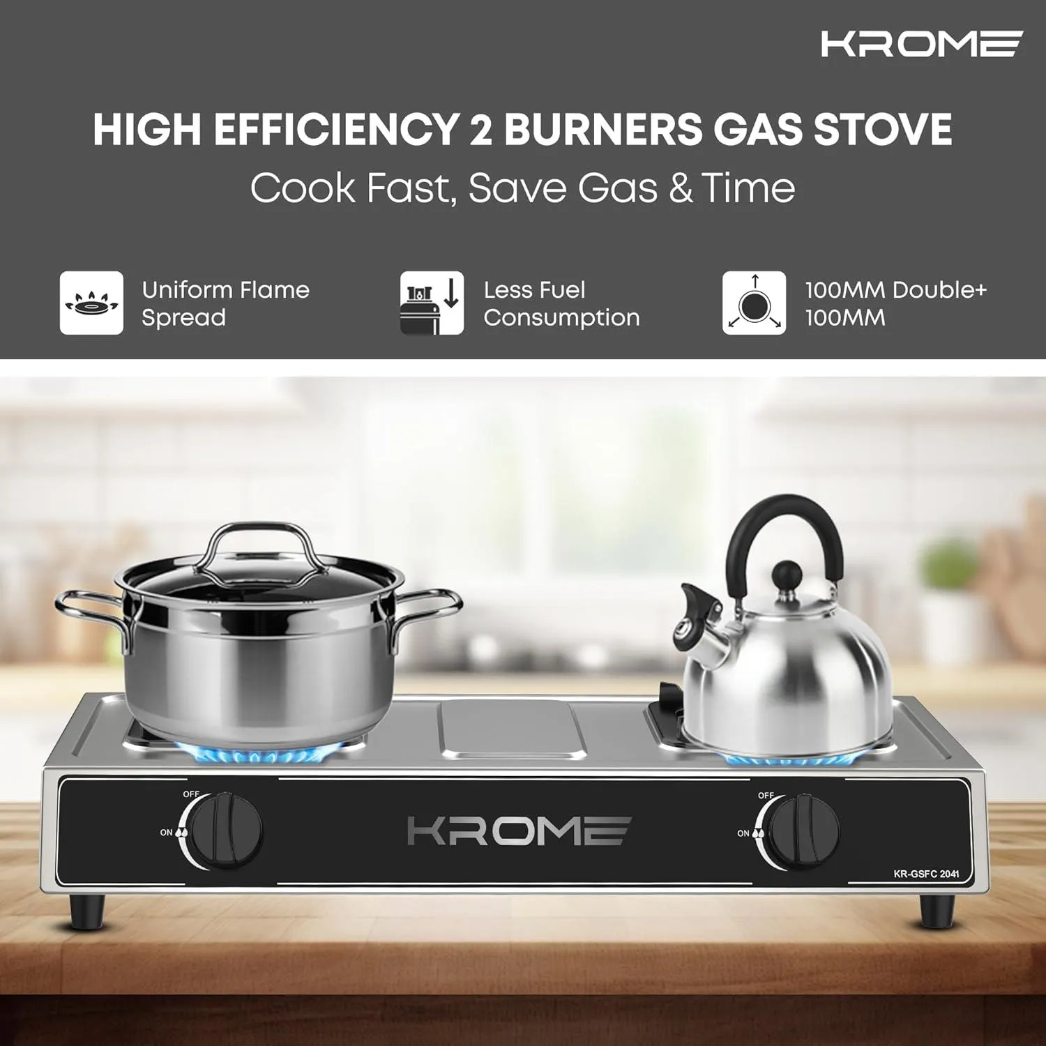 Krome Gas Burner Stainless Steel, 2 Burner - Kr-Gsfc2041