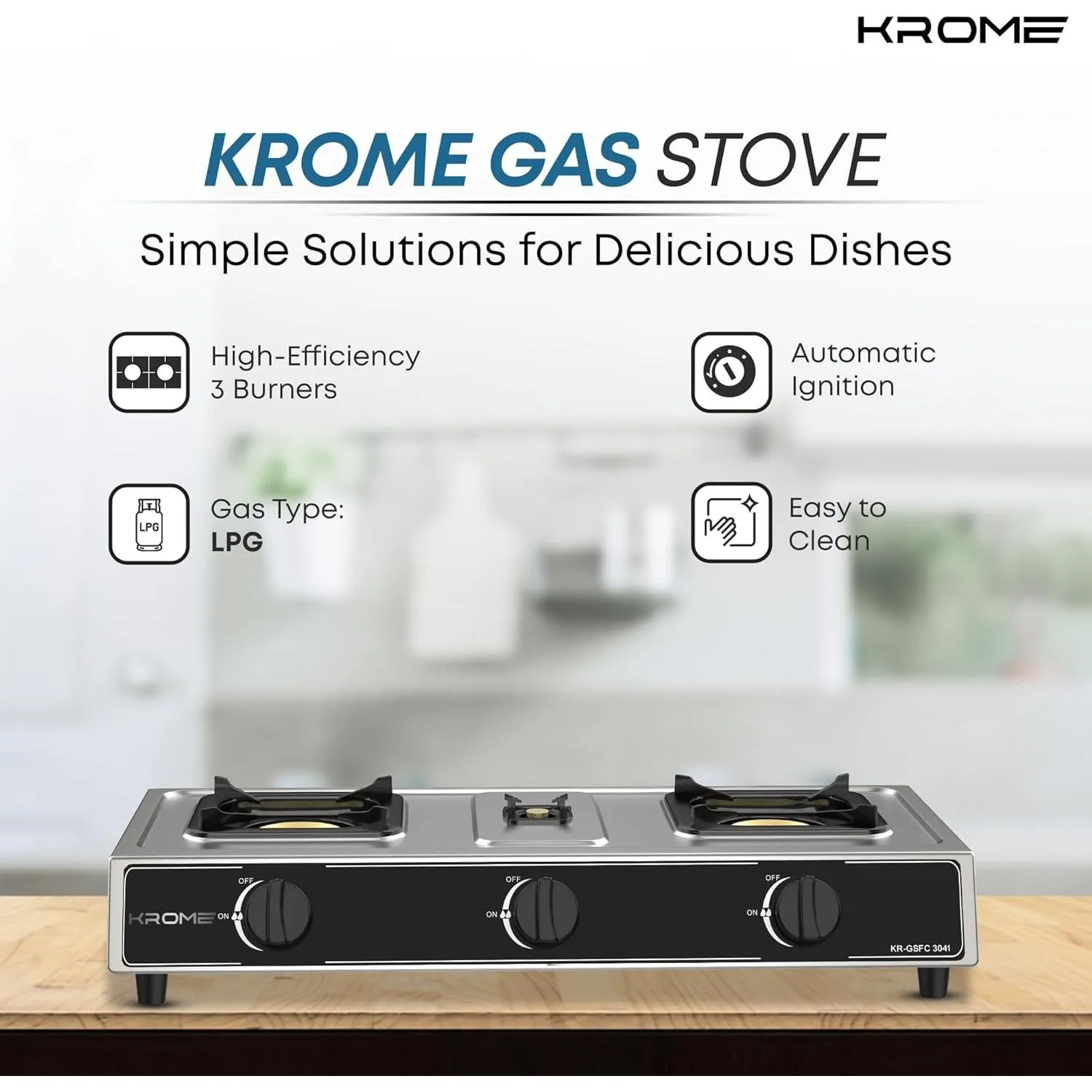 Krome Gas Burner Stainless Steel, 3 Burner - Kr-Gsfc3041