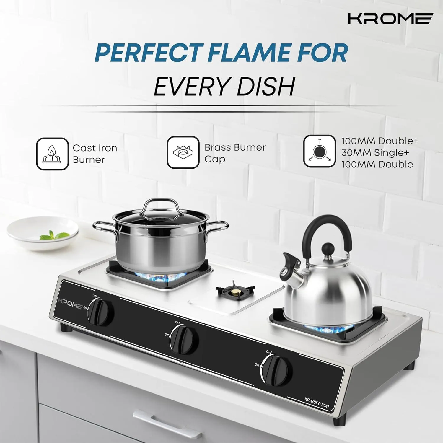 Krome Gas Burner Stainless Steel, 3 Burner - Kr-Gsfc3041