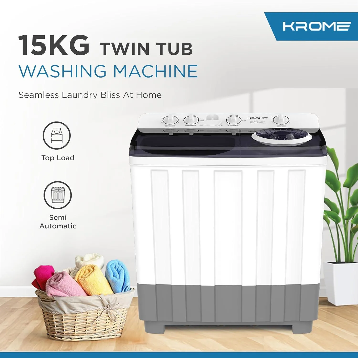 Krome 15Kg Manual Semi Automatic Washing Machine - Kr-Wsa150K